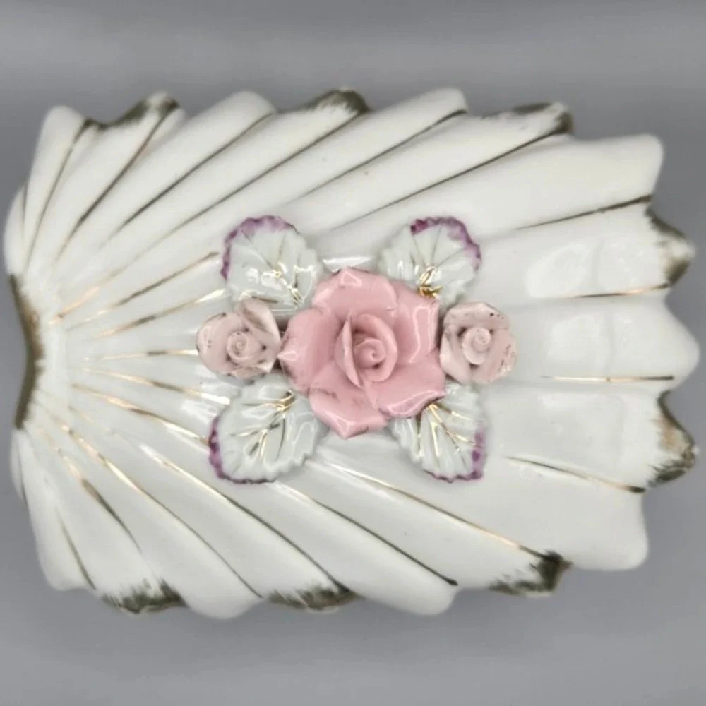 Vintage 1960s Porcelain Trinket Box Shell Hand Painted Rose Design Made in Japan